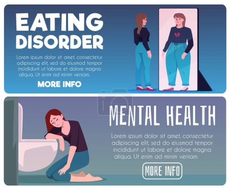 Eating disorder, anorexia and bulimia concept. Disease symptoms, skinny woman obesity fat in the mirror. Sad unhealthy woman vomiting in toilet. Mental health problem flyers template set