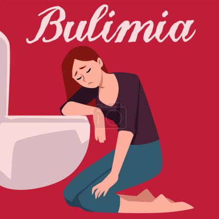 Bulimia disease vector poster. Sad unhealthy woman vomiting in toilet. Eating disorder concept. Nervosa, poisoning illness and health problem illustration