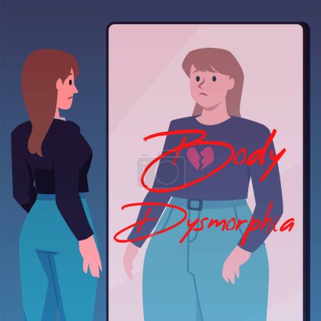 Cartoon sad skinny woman looks in mirror and see fat obese reflection. Body dysmorphia vector poster. Upset slim girl suffer from mental health problem. Eating disorder, anorexia or bulimia disease