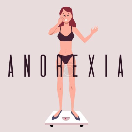 Illustration for Anorexia vector poster. Sad unhealthy skinny girl is standing on the weight. Eating disorder concept. Weight measurement and control nervosa, dieting and health problem illustration - Royalty Free Image