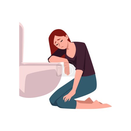 Illustration for Sad unhealthy woman vomiting in toilet. Bulimia, anorexia disease. Eating disorder concept. Nervosa, poisoning illness and health problem of female character vector illustration isolated on white - Royalty Free Image