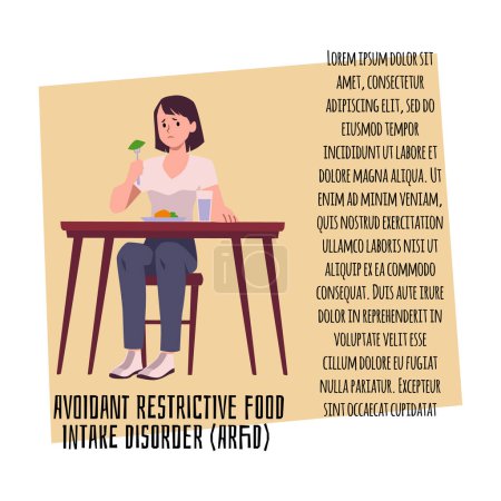 Illustration for Avoidant restrictive food intake disorder ARFD. Woman eating salad with fresh vegetables. Vegetarian nutrition, natural food. Eating disorder symptom. Disease of diets and anorexia vector poster - Royalty Free Image