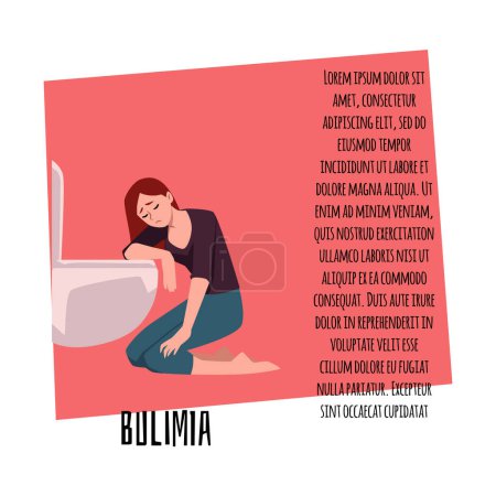 Eating disorder. Flyer with space for text showing a sad girl sitting on the floor near the toilet. bulimia or anorexia, as well as mental disorder. Vector advertising flyer with red background.