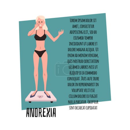 Anorexia vector poster with text template. Sad unhealthy skinny girl is standing on the weight. Eating disorder concept. Weight measurement control and dieting, health problem illustration
