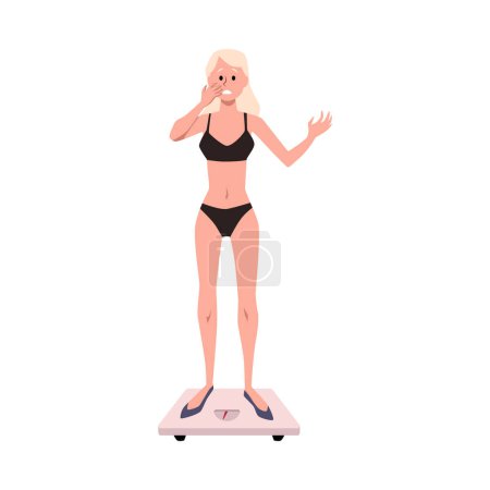 Sad unhealthy skinny girl in underwear is standing on the weight. Anorexia, Eating disorder concept. Weight measurement and control nervosa, dieting and health problem vector illustration