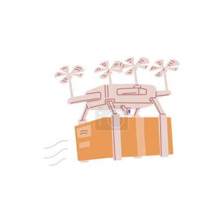 Illustration for Drone courier delivery service vector flat illustration. Wireless quadcopter flying with cardboard box. New unmanned logistics technology isolated on white. Delivery and shipping order by air - Royalty Free Image