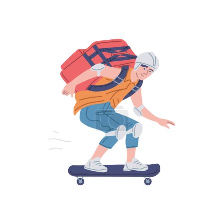 Kuriere auf einem Skateboard tragen einen Lieferkistenrucksack. Lieferservice-Vektor Cartoon-Illustration. Sichere Lieferung von Waren, Containerkühlschrank für den Versand frischer Lebensmittel