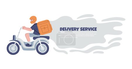 Courier on a motorcycle with a orange delivery box backpack. Fast delivery service vector landing page template. Safe delivery of goods, container refrigerator for fresh food shipping on motorbike
