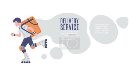 Courier rollerblading carry a delivery box backpack. Delivery service vector cartoon advertising landing page template. Safe delivery of goods, container refrigerator for fresh food shipping