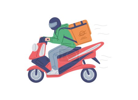 Téléchargez les illustrations : Courrier sur une moto avec un sac à dos boîte de livraison. Service de livraison rapide illustration vectorielle de dessin animé. Livraison sûre des marchandises, réfrigérateur conteneur pour l'expédition des aliments frais - en licence libre de droit