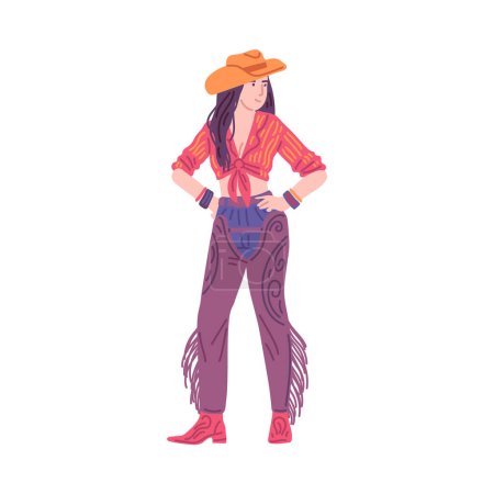 Beautiful cowgirl, vintage swag cowgirl vector illustration. Brunette woman dressed in retro wild west style hat and boots, shirt and trousers with fringe. American western rodeo girl