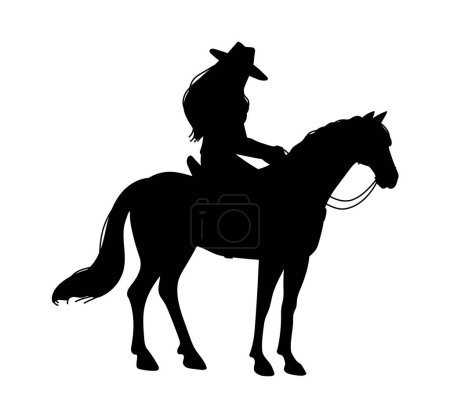 Téléchargez les illustrations : Cowgirl chevauchant sur cheval silhouette noire. Ranger de rodéo américain. Swag cow-girl avec des promenades en corde cheval. Femme cavalière vêtue d'illustration vectorielle rétro style ouest sauvage isolé sur blanc - en licence libre de droit