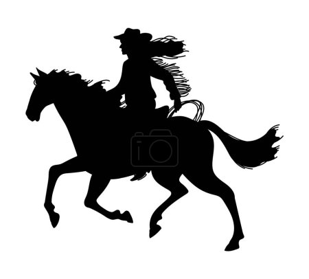 Téléchargez les illustrations : Cowgirl monte un cheval rapidement silhouette noire. Ranger de rodéo américain. Swag cow-girl rider avec corde, passe-temps extrême. Dame vêtue d'illustration vectorielle rétro style ouest sauvage isolé - en licence libre de droit