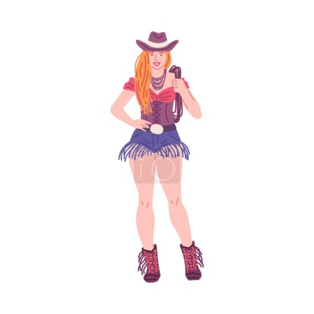 Beautiful cowgirl with rope in hand. Vintage swag cowgirl. Ginger woman dressed in retro wild west style hat and boots, fringed denim shorts. American western rodeo girl vector illustration