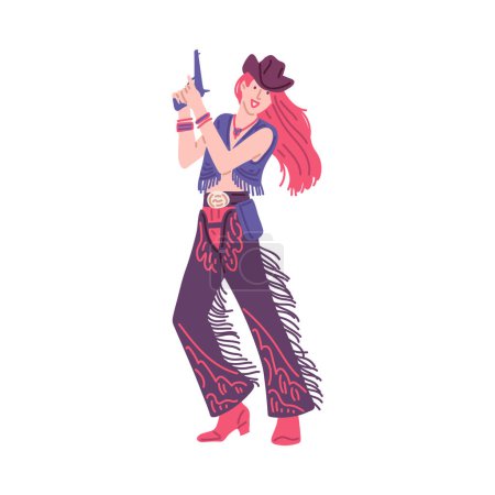 Hübsches Cowgirl in traditioneller Westernkleidung und mit vorgehaltener Waffe. Junge Frau mit Cowboyhut, Hose und Weste mit Fransen. Isolierte, von Hand gezeichnete Vektorillustration.