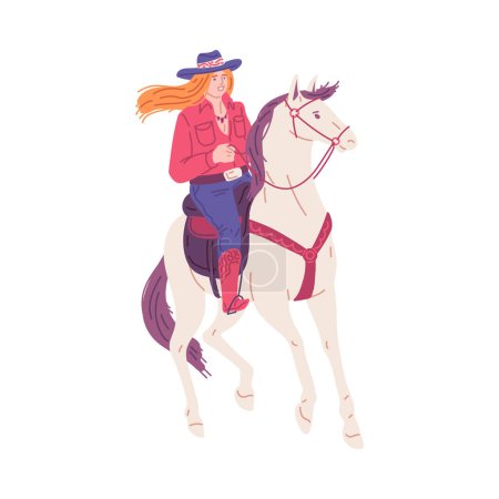Téléchargez les illustrations : Cowgirl monte un cheval blanc. Ranger de rodéo américain. Cartoon swag cow-girl cavalier, passe-temps extrême. Belle dame vêtue d'illustration vectorielle rétro style ouest sauvage isolé - en licence libre de droit