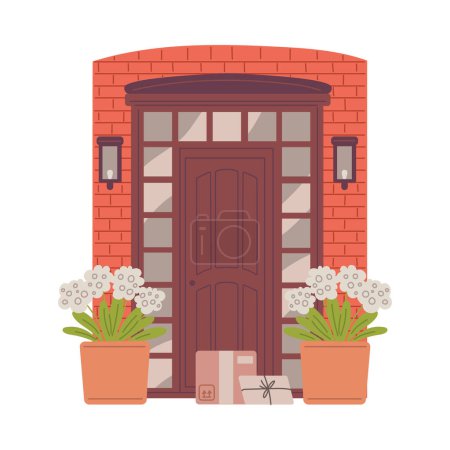 Illustration for Home entrance wooden door in brick wall with white flower pots and lanterns. Cardboard boxes near the door. Vector cartoon illustration of house porch, delivery of orders to home - Royalty Free Image