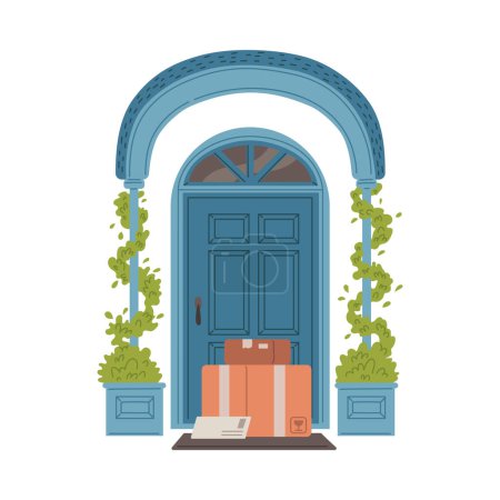 Téléchargez les illustrations : Entrée de la maison porte bleue avec arche, plantes grimpantes dans des pots et tapis. Boîtes en carton près de la porte. Illustration vectorielle plate du porche de la maison, ordres de livraison isolés sur blanc - en licence libre de droit