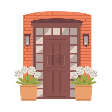 Illustration for Home entrance wooden door in brick wall. Cartoon house porch exterior with white flower pots and lanterns. Vector illustration of front door of residential house isolated on white - Royalty Free Image