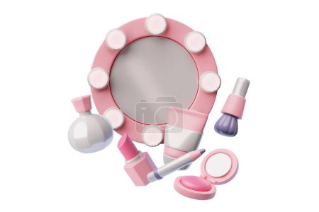 Espejo de maquillaje 3D con bombillas y productos cosméticos. Base en polvo, cepillo de licuadora, lápiz labial, perfume, delineador de ojos y tubo de crema. Maquillaje equipo de salón de belleza
