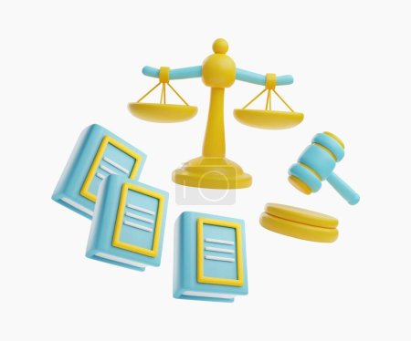 Legal justice service composition in 3D style. Labor law symbols set. Cartoon vector render libra, judge gavel, rules documents and constitution book. Law and jurisprudence icons