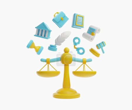 Labor law symbols above the libra. Legal justice service composition in 3D style. Cartoon vector render court building, judge gavel, handcuffs, documents and feather pen. Law and jurisprudence set