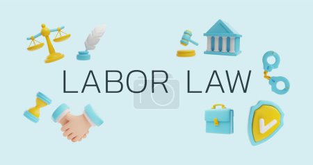 Labor law banner in 3D style. Legal justice service, litigation support. Cartoon libra, handshake, court building, judge gavel, handcuffs and feather pen vector render. Law and jurisprudence symbols