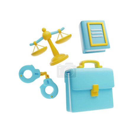 Legal justice service composition in 3D style. Labor law symbols set. Cartoon vector render libra, rules documents or constitution book, handcuffs and briefcase. Law and jurisprudence icons