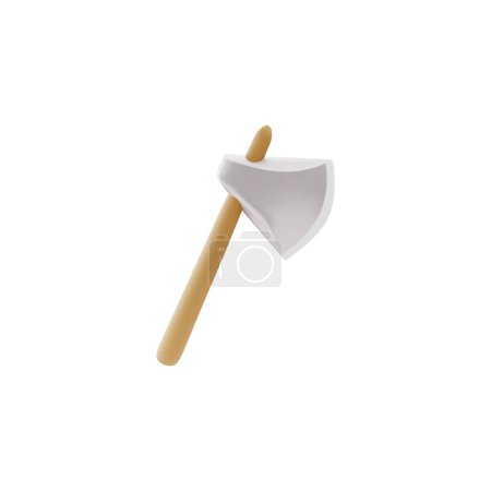3D vector illustration of a metal ax with a wooden handle. Design template of an essential tool for hiking and camping enthusiasts isolated on a white background.