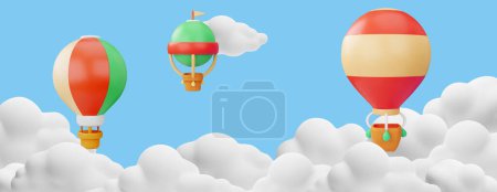 Hot air balloons with basket in the clouds 3D vector illustration. Cartoon render various colorful aerostats flying in blue sky. Air transport, travel adventure. Balloon festival