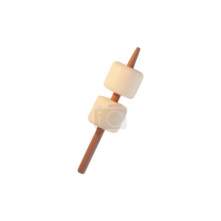 Malvaviscos en palo de madera para brindar. Ilustración vectorial 3D realista de snacks dulces para picnic aislado sobre fondo blanco. Camping sabrosa comida de postre