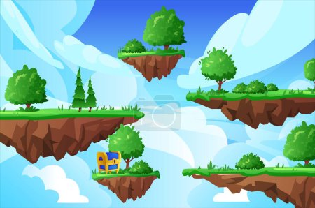 Ebenerdige Plattformen mit Bäumen, Büschen und Schatzkiste flach, Vektorillustration. Dekorativ für Online-Spiele, Interface-Design, schwimmende Inseln, Himmel und Wolken