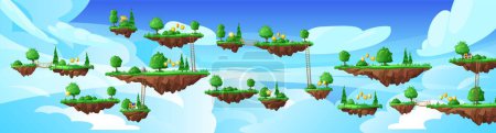 Spielwelt mit Ebenenplattformen mit Leiter und Brücke. Sommerwaldinseln, die am Himmel schweben. Fantasy Cartoon Vektor Ground Rock Bühne mit Belohnungsmünzen, Truhe und Schlüsseln