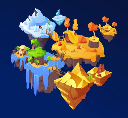 Isla nivel de juego arcade. Un conjunto de ilustraciones vectoriales 3D que muestran un paisaje fantástico con transiciones suaves a través de una red de islas flotantes.