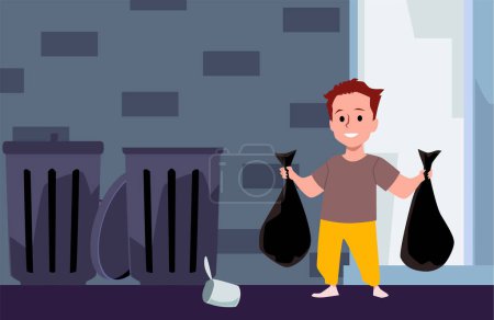 The child does housework. Flat vector illustration of a cheerful boy taking out trash bags into trash containers. Concept of house help and childrens cleaning.