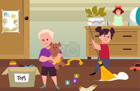 Flat vector illustration of children cleaning the room. In the interior room, a girl sweeps, and a boy puts toys in a box. Children do household chores together. Childrens cleaning concept.