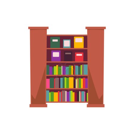Illustration for Bookcase with books. Book shelves full of multicolored books covers. Cartoon home, school or library store wooden bookshelf. Library furniture interior vector illustration in flat style - Royalty Free Image