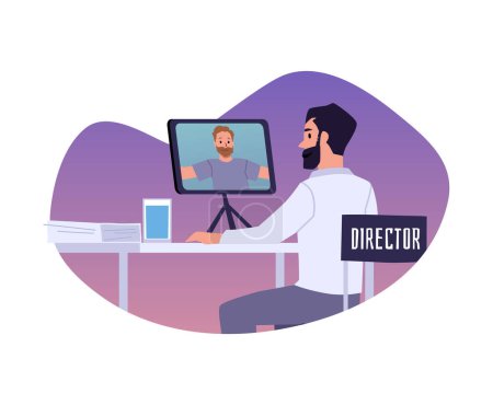 Flat vector illustration of a man viewing and editing video footage while sitting at a computer desk. Ideal for creating stickers and video production concepts.