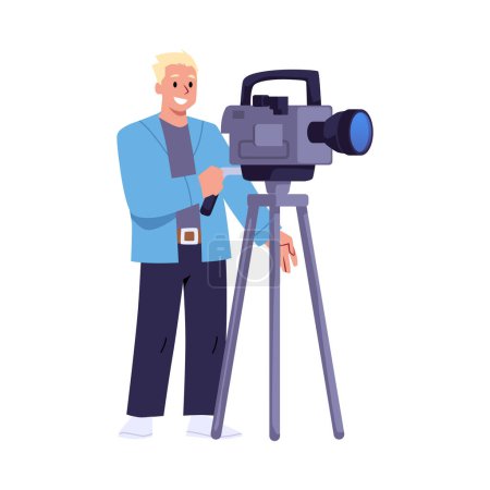 Vektorillustration eines männlichen Operators. Videograf mit seiner Videokamera, die in flachem Vektorstil auf einem isolierten Hintergrund präsentiert wird. Konzept zur Erstellung von Videoinhalten.