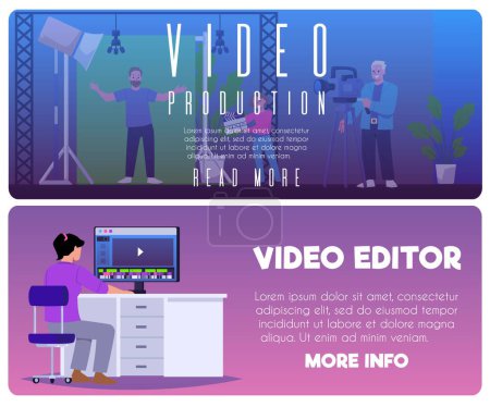 A set of banners for creating and editing video content. Flat vector scenes with characters making and editing videos. Colorful backgrounds with space for text.