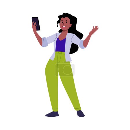 Young woman holding smart phone and making video content. Popular blogger influencer making selfie, shooting video story. Social media concept. Live broadcast vector isolated illustration