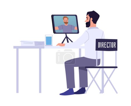Flat illustration depicting a man engaged in video editing and analysis of footage. A character sits at a computer desk and watches video footage on an isolated background.