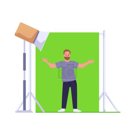 Studio filming area. Man with chrome screen captured in vector illustration with professional lighting for video production. Video production and broadcast on isolated background.