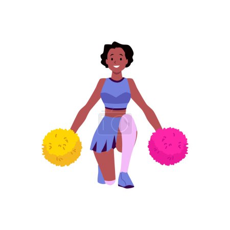 Cheerleader in action. Vector illustration of a happy cheerleader with colorful pom-poms, sporting a blue and purple outfit
