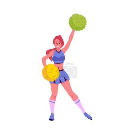 Energetic cheerleader pose. Vector illustration of a smiling cheerleader holding up green and yellow pom-poms in a confident stance