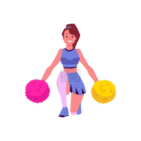 Cheerleader dancing with pom pom and cheering her team, flat cartoon vector illustration isolated on white background. Cheerleader performer who support sports teams.