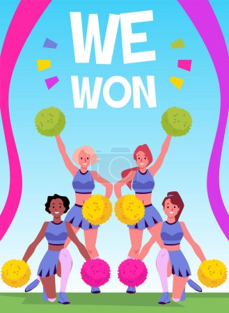 Illustration for Cheerleading girls squad performing. We won cartoon motivation vector poster. Cheerful sporty ladies dancing with pompoms in hands. Acrobatic exercises. Sport fan team perform warm up - Royalty Free Image