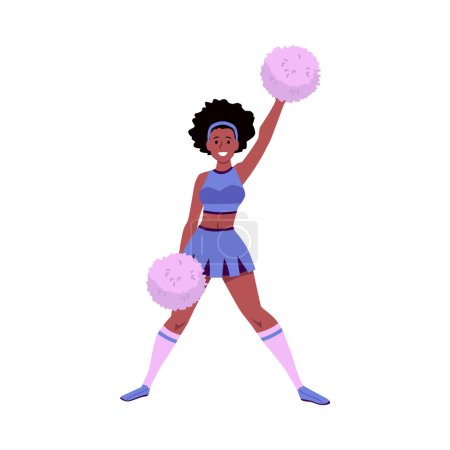 Smiling black girl cheerleader. A character over an isolated background stands in a wide-legged pose with purple pom-poms in his hands. A sweet dancer that lifts spirits and motivates.