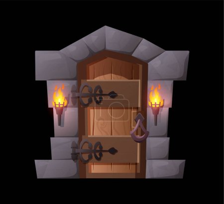 Medieval door to castle with burning torch. Old vintage entrance from wood, stone arch and metal hafts. Ancient game portal, antique entry, dungeon, gateway. Cartoon vector illustration isolated