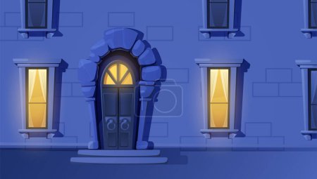 Medieval door to castle, light in the windows in the night. Old vintage entrance from wood, stone and metal hafts. Ancient game front portal, antique entry. Cartoon vector illustration